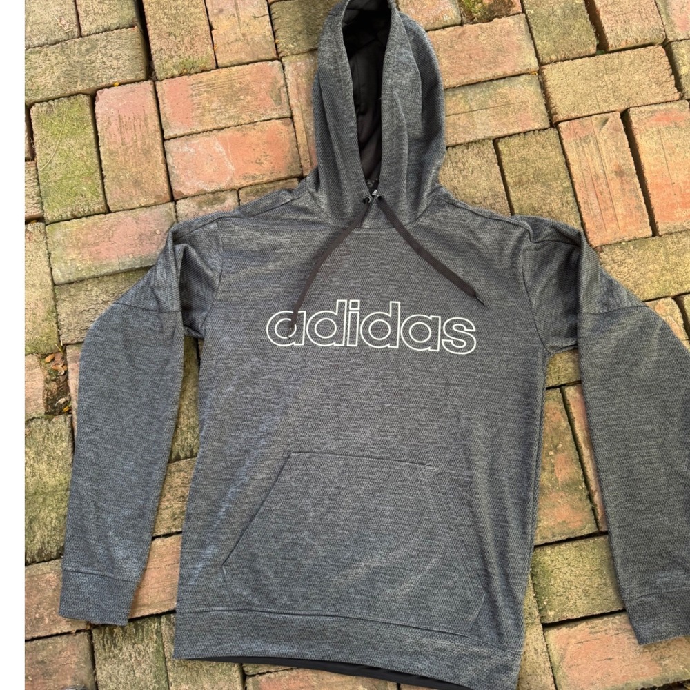 Adidas Mens Hoodie Charcoal Grey Heathered Pullover Logo Sweatshirt Small